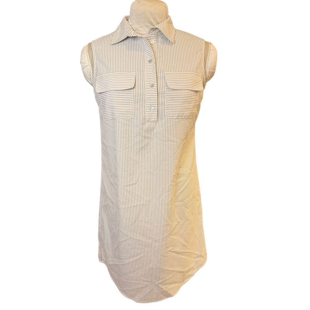 Jones New York Seersucker Shift Dress Sz. 6 Tan & White Sleeveless Resort Packab